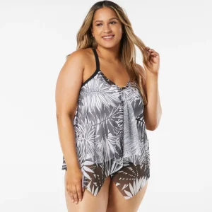 Beach House: Plus Abstract Palm Kerry Mesh Layer Tankini Top