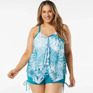 Beach House: Plus Abstract Palm Kerry Mesh Layer Tankini Top