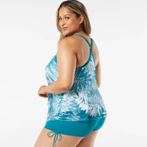 Beach House: Plus Abstract Palm Kerry Mesh Layer Tankini Top