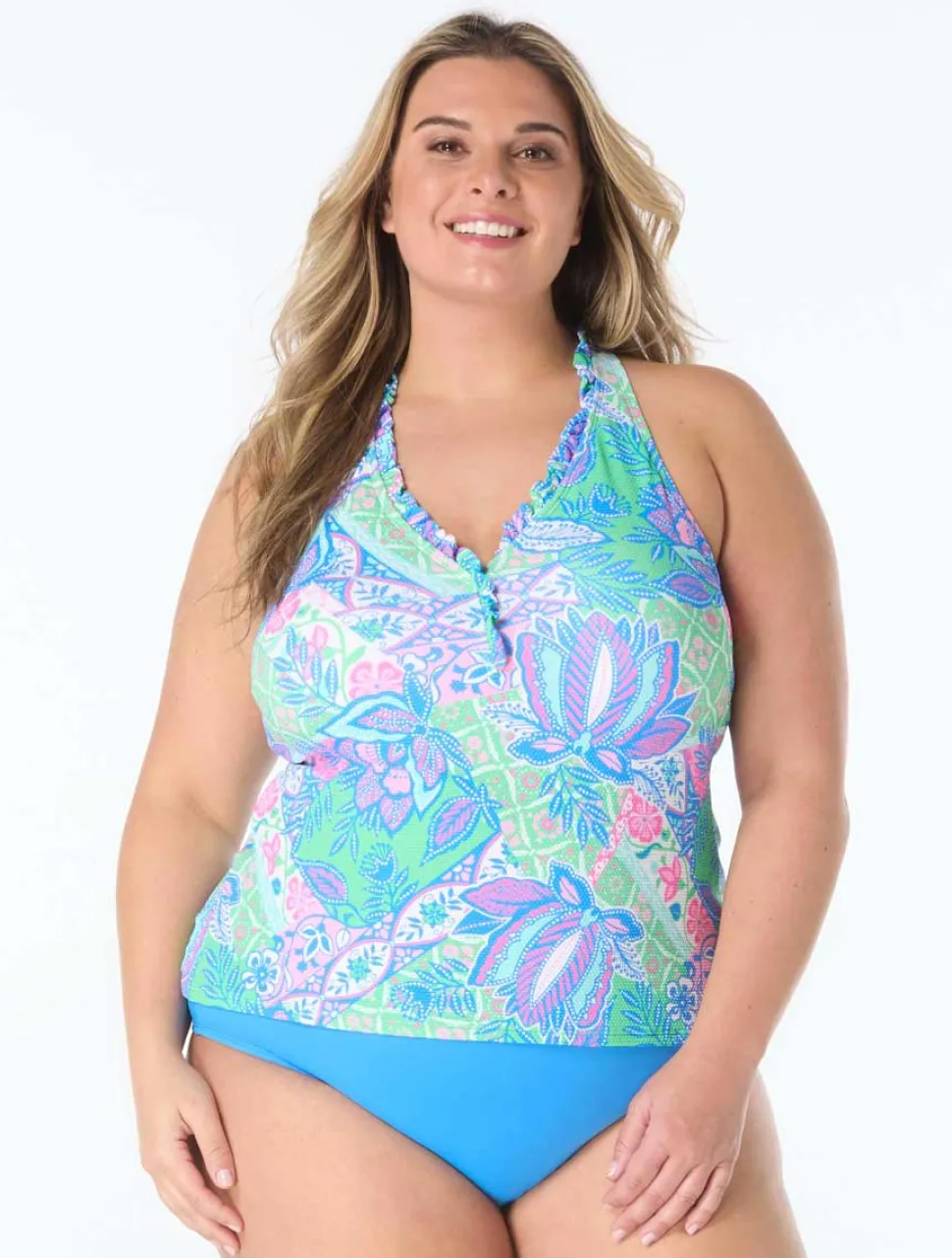 beach_house_plus_size_est_0-1.webp Beach House: Plus Size Estate Mosaic Pique Ruffle Trim Tankini Top