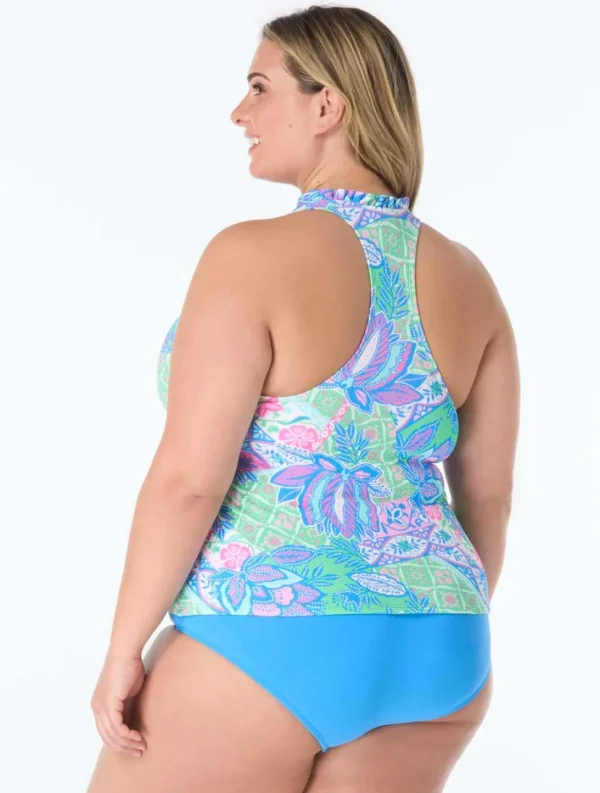 Beach House: Plus Size Estate Mosaic Pique Ruffle Trim Tankini Top