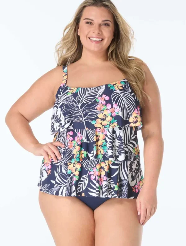 Beach House: Plus Size Indigo Jungle Jane Ruffle Tiered Tankini Top