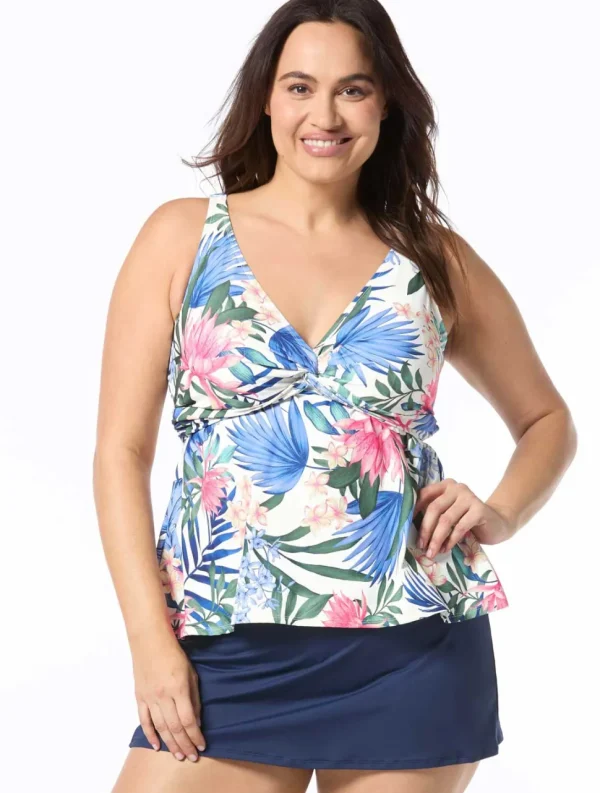 Beach House: Plus Size Monterey Tropical White Twist Front Tankini Top