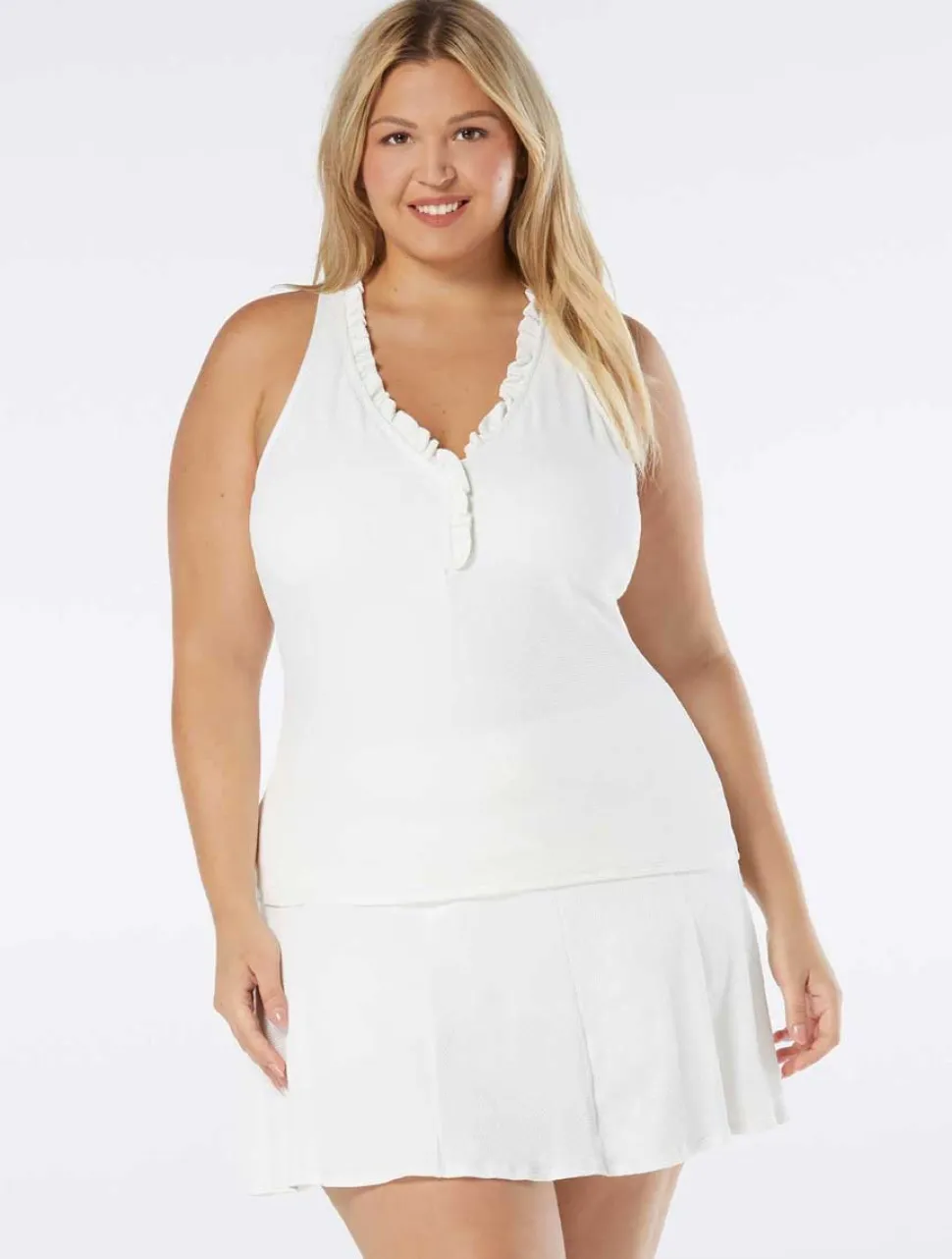 beach_house_plus_size_piq_0.webp Beach House: Plus Size Pique Solid Ruffle Trim Tankini Top
