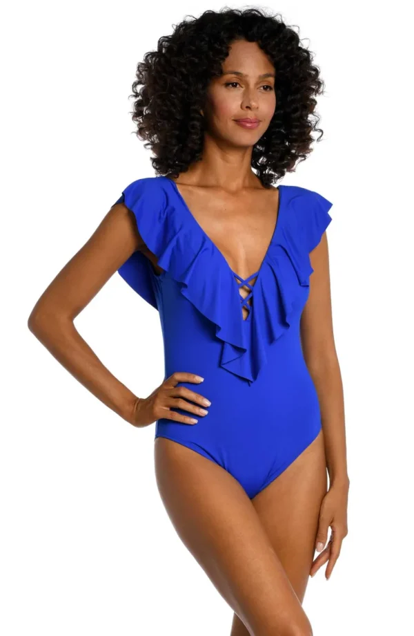 La Blanca: One Piece Island Goddess Solid Ruffle Plunge Mio Swimsuit