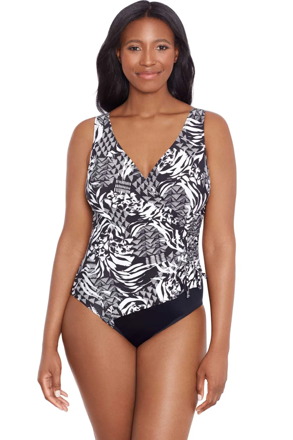 longitude_one_piece_aztec_0.webp Longitude: One Piece Azteca Ruffle Front Surplice Long Torso Swimsuit