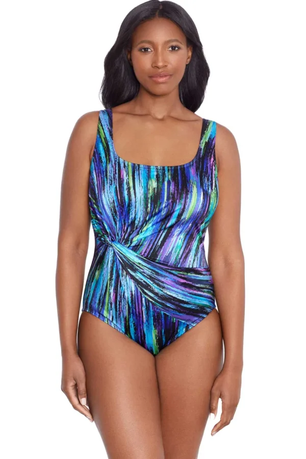 Longitude: One Piece Brilliant Long Torso Twist Draped Tank Swimsuit