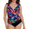 Longitude: One Piece Ribbon Candy Long Torso Ruffle Surplice Swimsuit