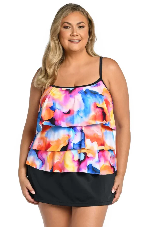Maxine: Plus Size Watercolor Bliss Triple Tiered Tankini Top