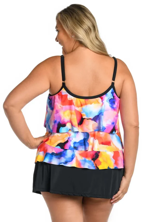 Maxine: Plus Size Watercolor Bliss Triple Tiered Tankini Top