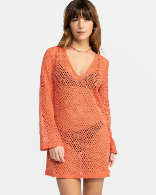 Roxy: Love Coastline Long Sleeve Crochet Beach Dress