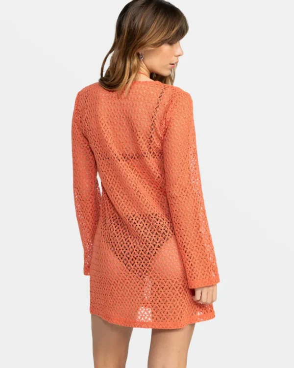 Roxy: Love Coastline Long Sleeve Crochet Beach Dress