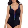 Shapesolver Sport: One Piece Colorful Behavior Shirred Zipper Tank Swi