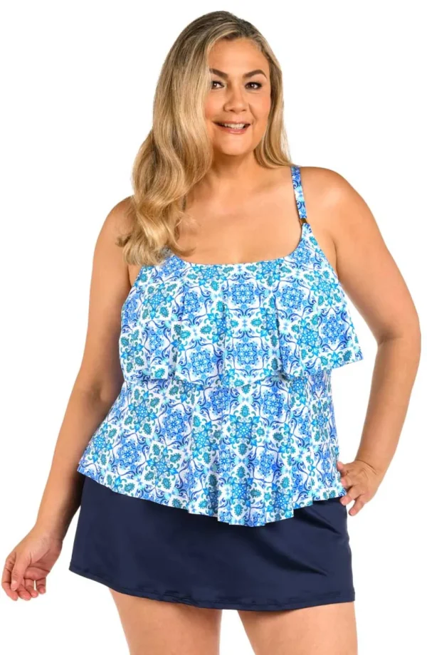 24th & Ocean: Plus Size Beachside Tile Two Tiered Tankini Top