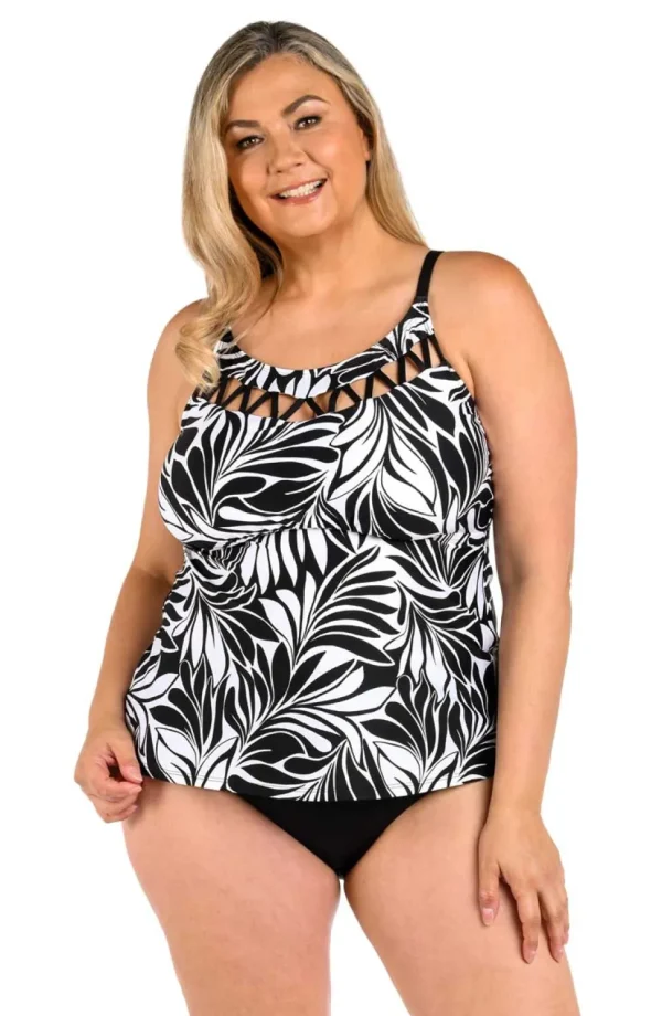 24th & Ocean: Plus Size Floating Palms Strappy High Heck Tankini Top