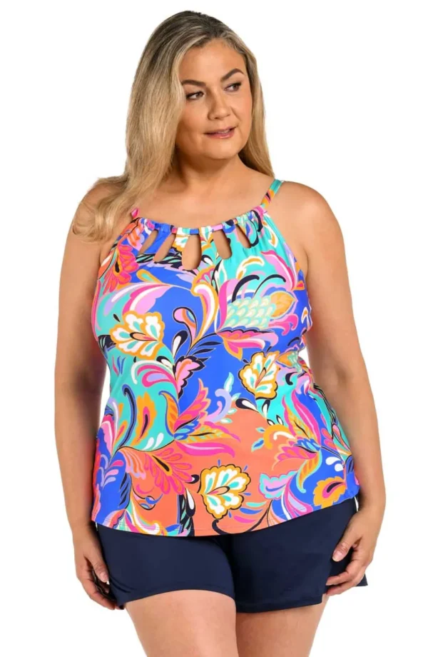 24th & Ocean Plus Size Prima Paisley High Neck Cutout Tankini Top