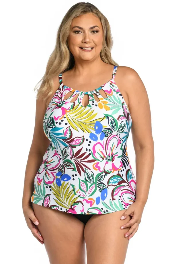 24th & Ocean: Plus Size Sketched Flora Cutout High Neck Tankini Top